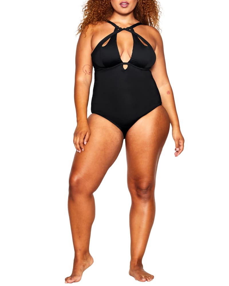 Front of a model wearing a size XS Cancun One Piece Swimsuit in Black by City Chic. | dia_product_style_image_id:271655